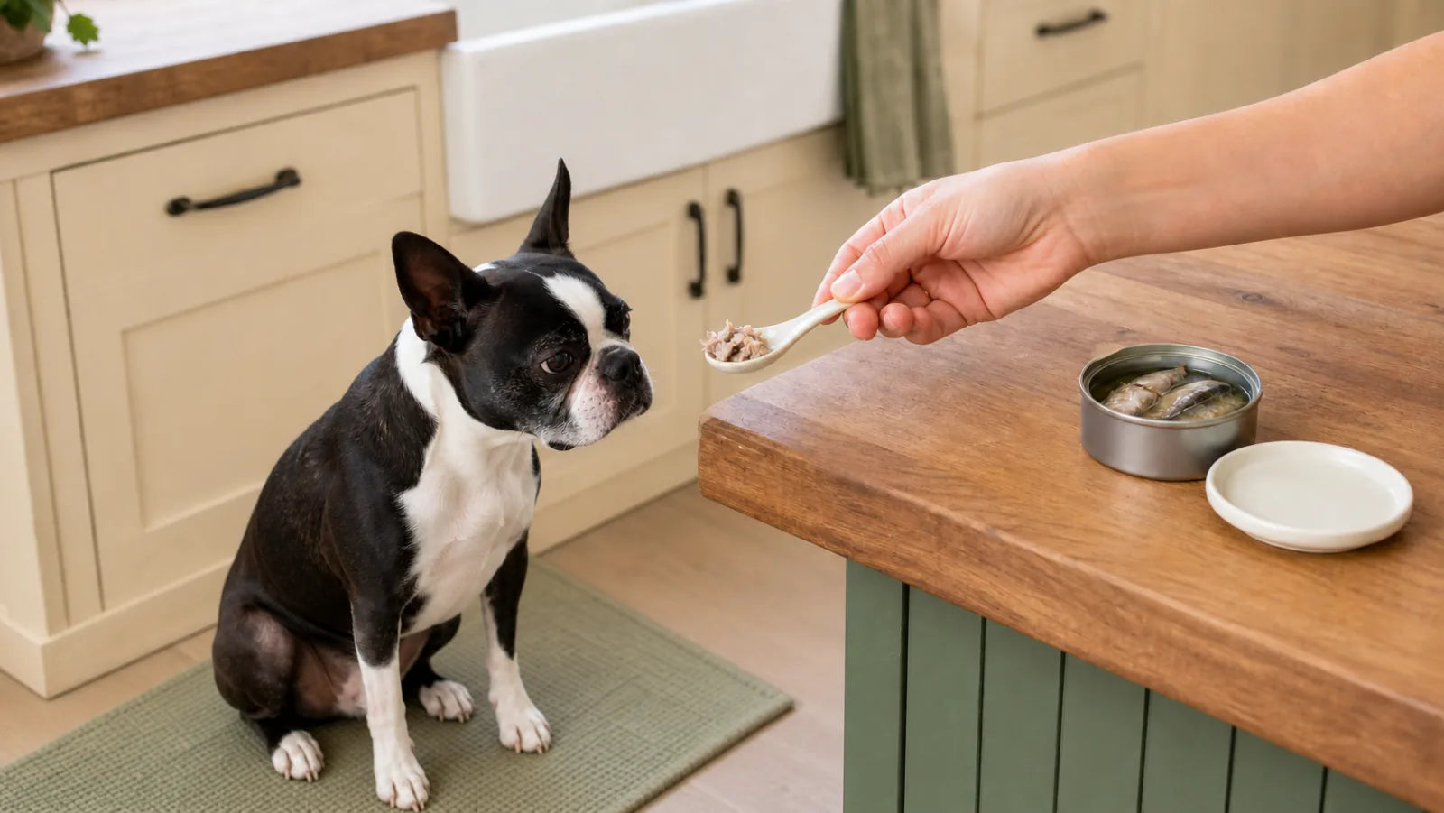 Boston terrier sniffing a teaspoon of plain drained sardine flakes