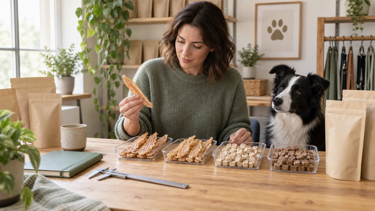 Pet boutique buyer reviewing single-ingredient dog treat samples with a border collie nearby