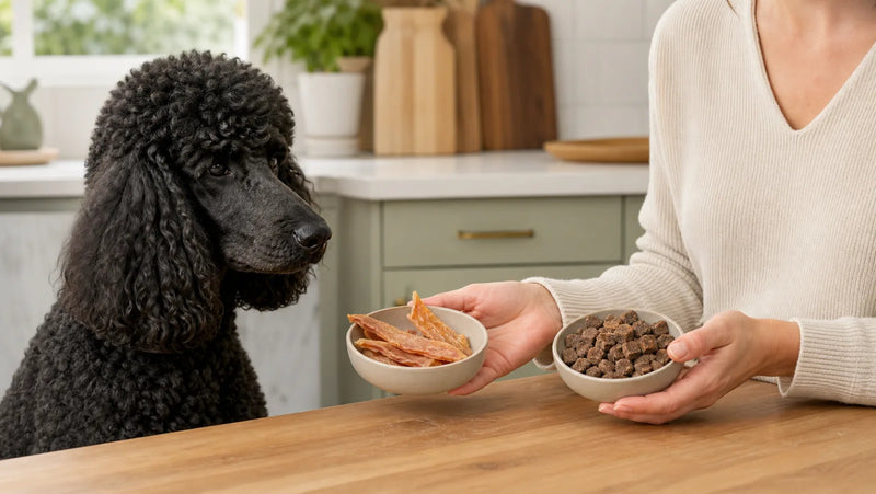 Black standard poodle waiting while an owner compares chicken and beef dog treats