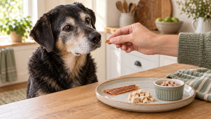 Gray-muzzled senior mixed-breed dog receiving a tiny soft chicken jerky piece in a kitchen