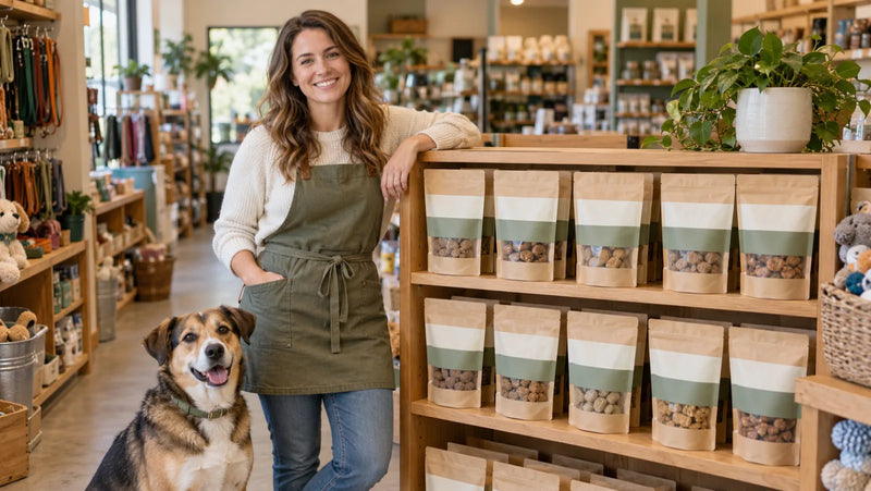 Pet-store owner with a dog beside a shelf of sealed blank store-brand dog-treat pouches