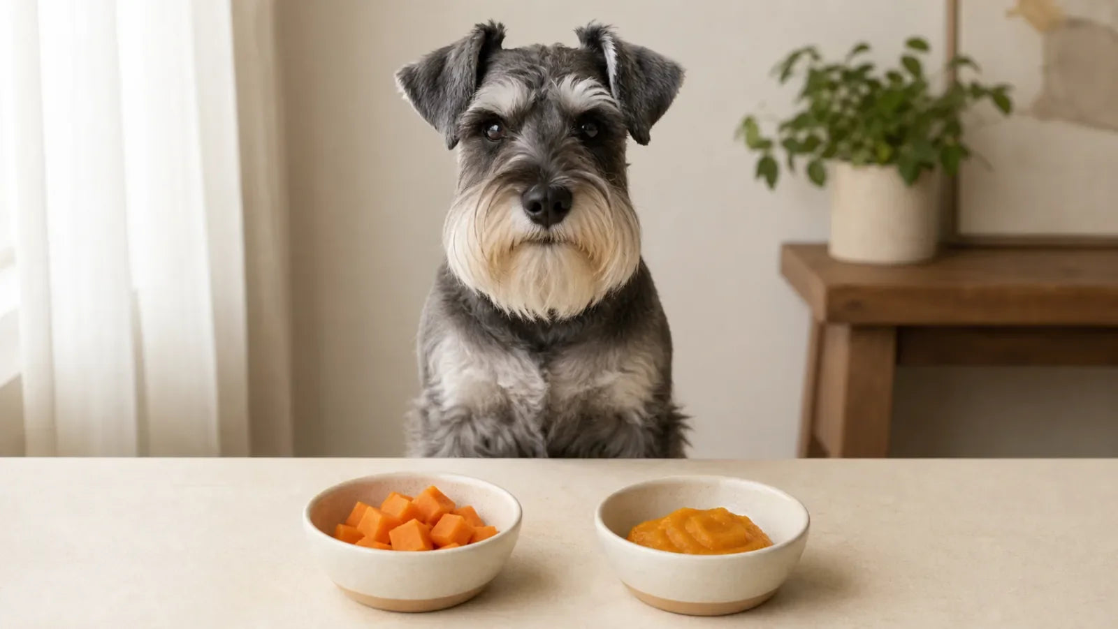 Miniature Schnauzer sitting behind separate bowls of cooked sweet potato and plain pumpkin