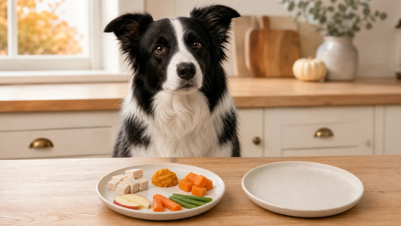 Border Collie waiting beside small portions of Thanksgiving foods dogs can eat