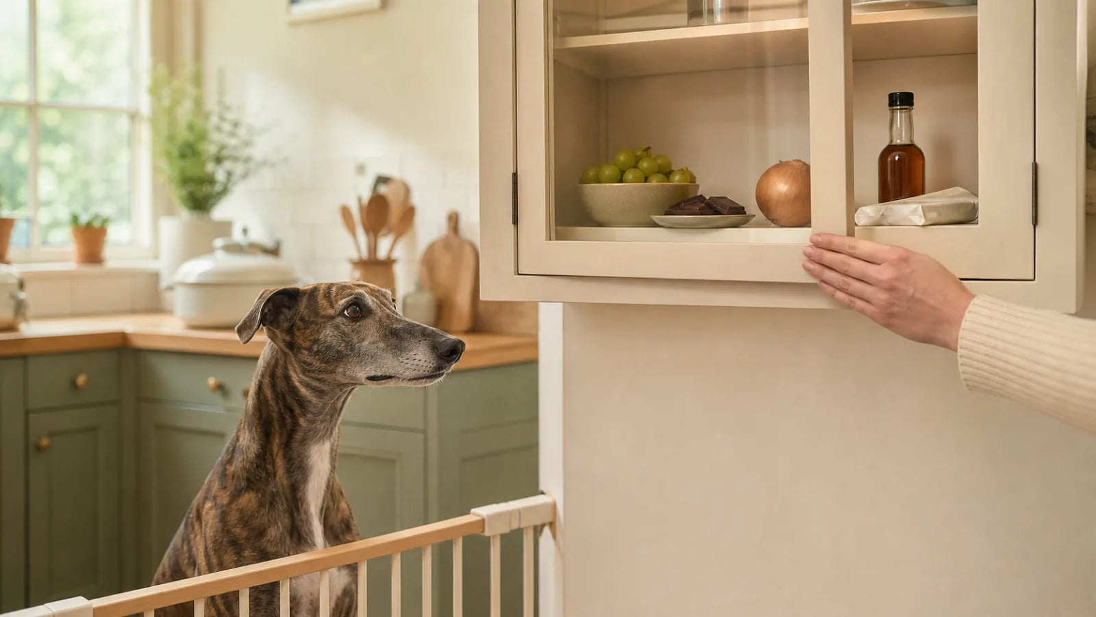 Brindle Greyhound behind a kitchen gate while toxic foods are secured in a high cabinet