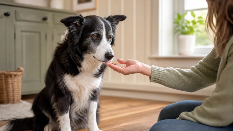 Senior border collie receiving a tiny training treat in a calm home