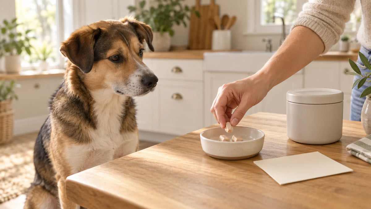 Calm dog beside an owner measuring three small chicken treat pieces into a portion dish