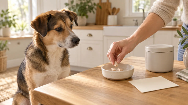 Calm dog beside an owner measuring three small chicken treat pieces into a portion dish