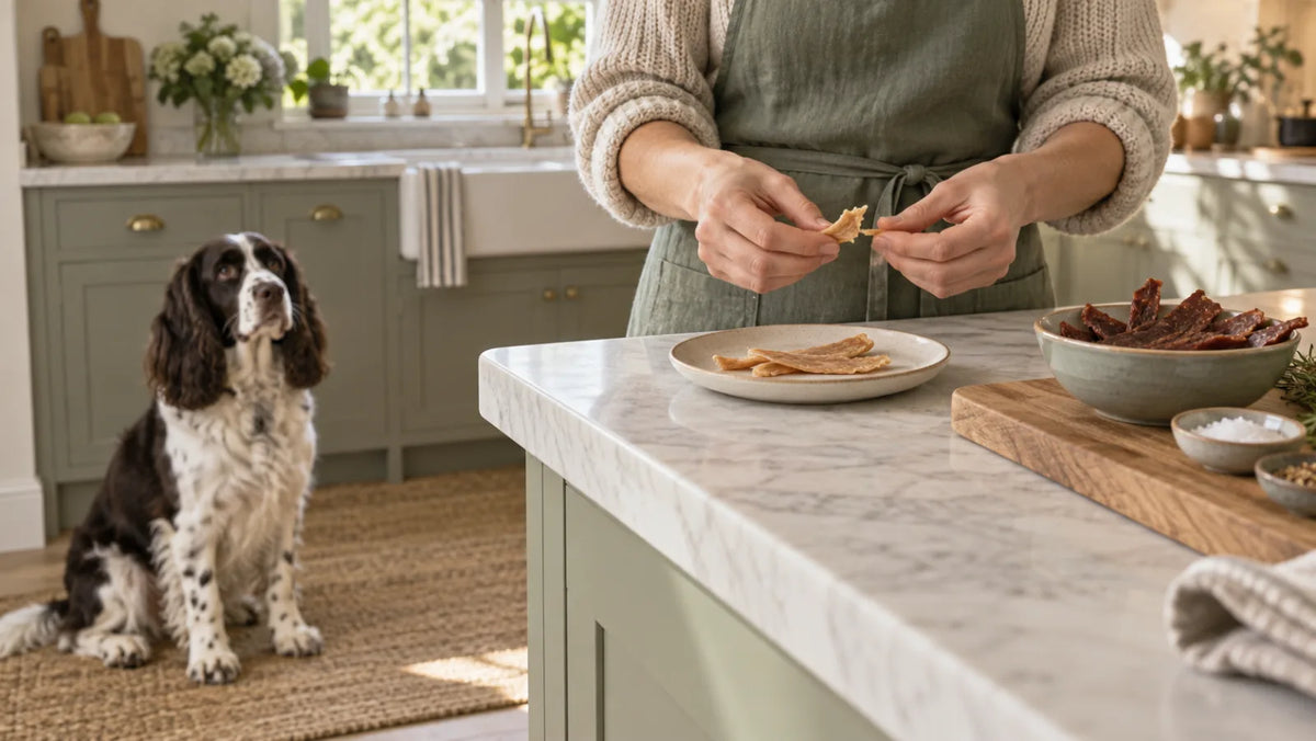 Springer Spaniel waiting while a caregiver separates plain dog jerky from seasoned human turkey jerky