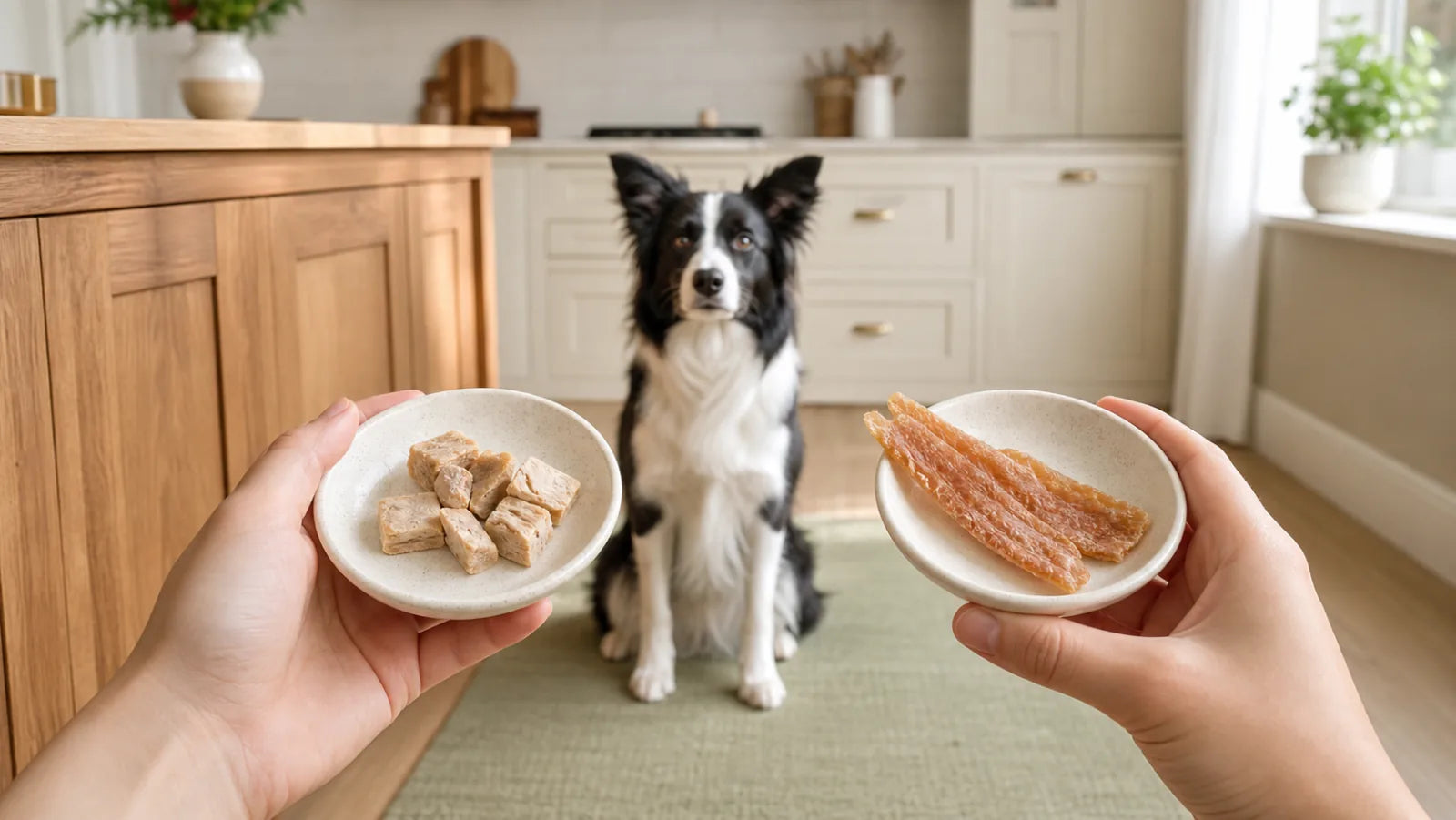 Border Collie watching separate dishes of turkey bites and chicken jerky