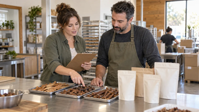 Buyer reviewing dog treat samples with a USA manufacturer in a clean packing workspace
