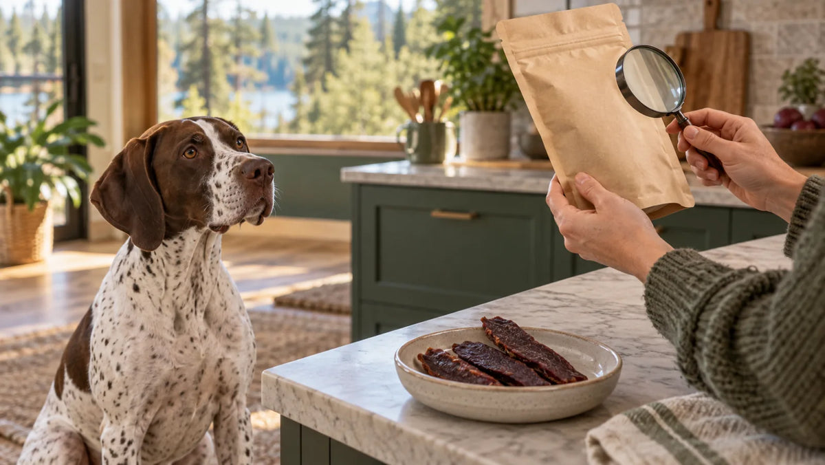 Dog waiting while an owner compares the label on an unbranded pouch of plain venison jerky