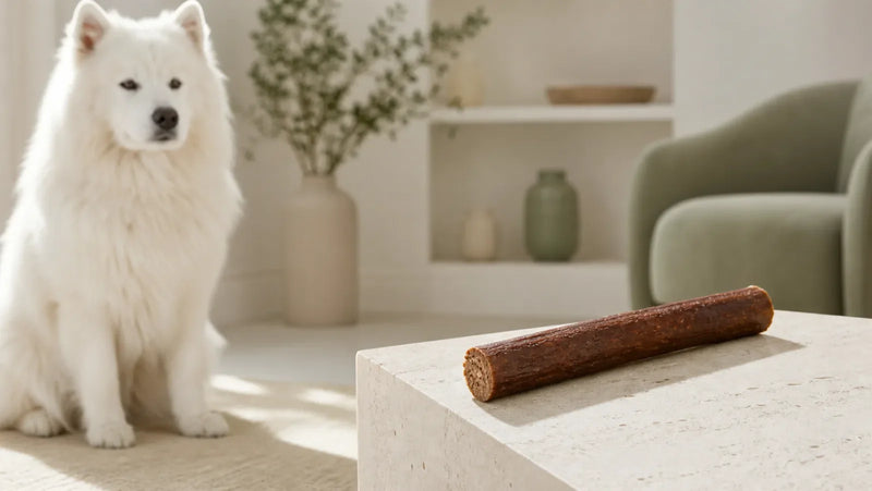Samoyed beside an unbranded bully stick showing its dense fibrous dried interior