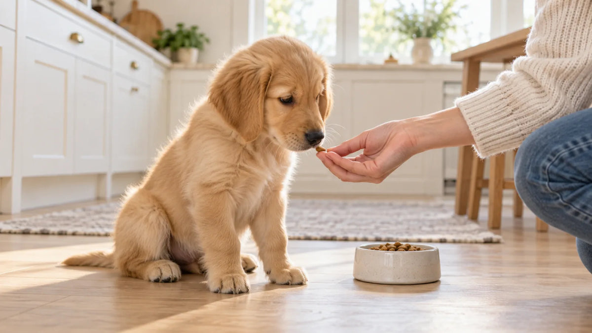 Young puppy calmly taking one piece of measured puppy food from an owner’s hand