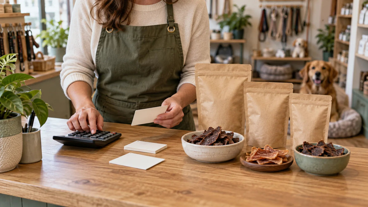 Pet boutique owner calculating retail pricing beside unbranded dog treat pouches