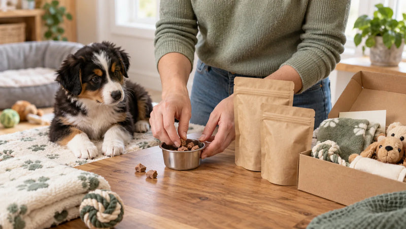 Breeder organizing small puppy rewards and sealed go-home pouches beside a calm Australian shepherd puppy