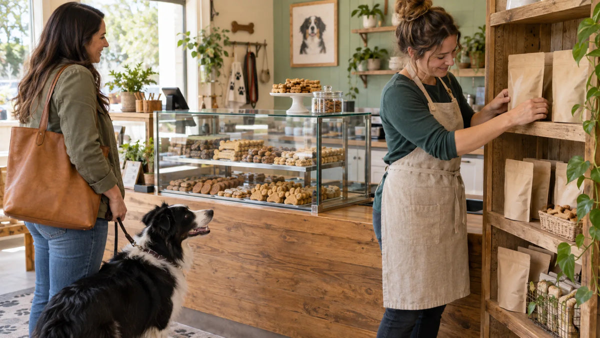 Dog bakery owner arranging sealed wholesale treat pouches beside fresh dog biscuits with a border collie nearby