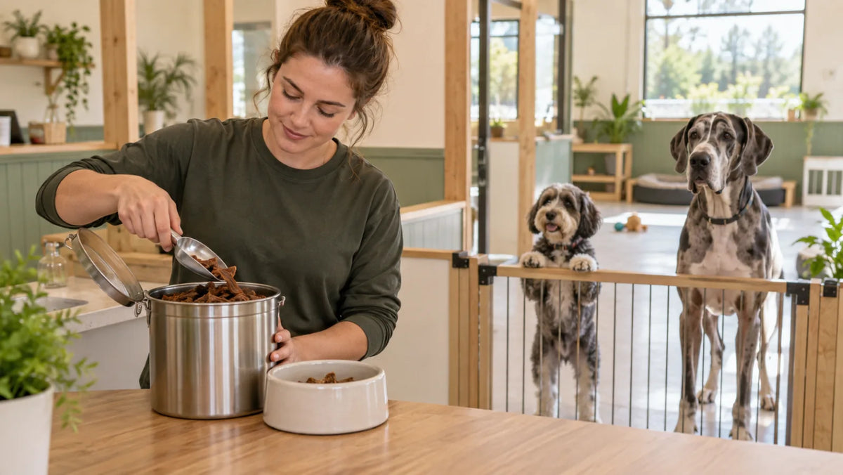 Dog daycare staff member portioning bulk treats for two waiting dogs