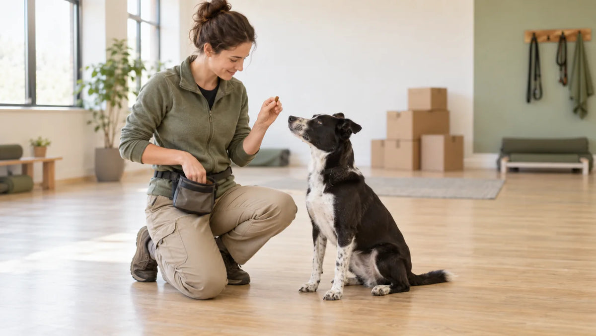 Professional dog trainer rewarding a focused mixed-breed dog with a small bulk treat