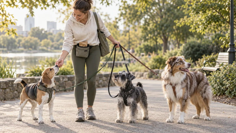 Professional dog walker rewarding one dog while managing three separate leashes