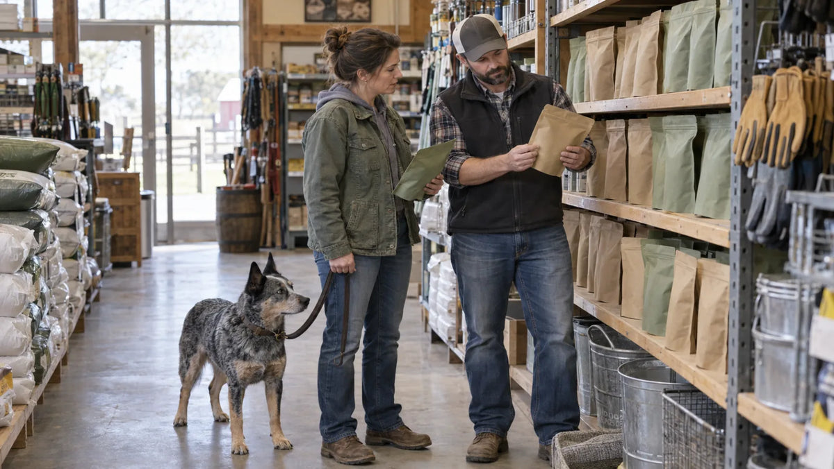 Feed-store buyer and customer comparing sealed dog-treat pouches beside an Australian cattle dog