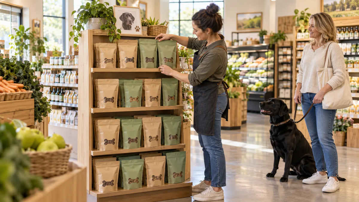 Natural-food store buyer arranging sealed dog-treat pouches on a compact endcap