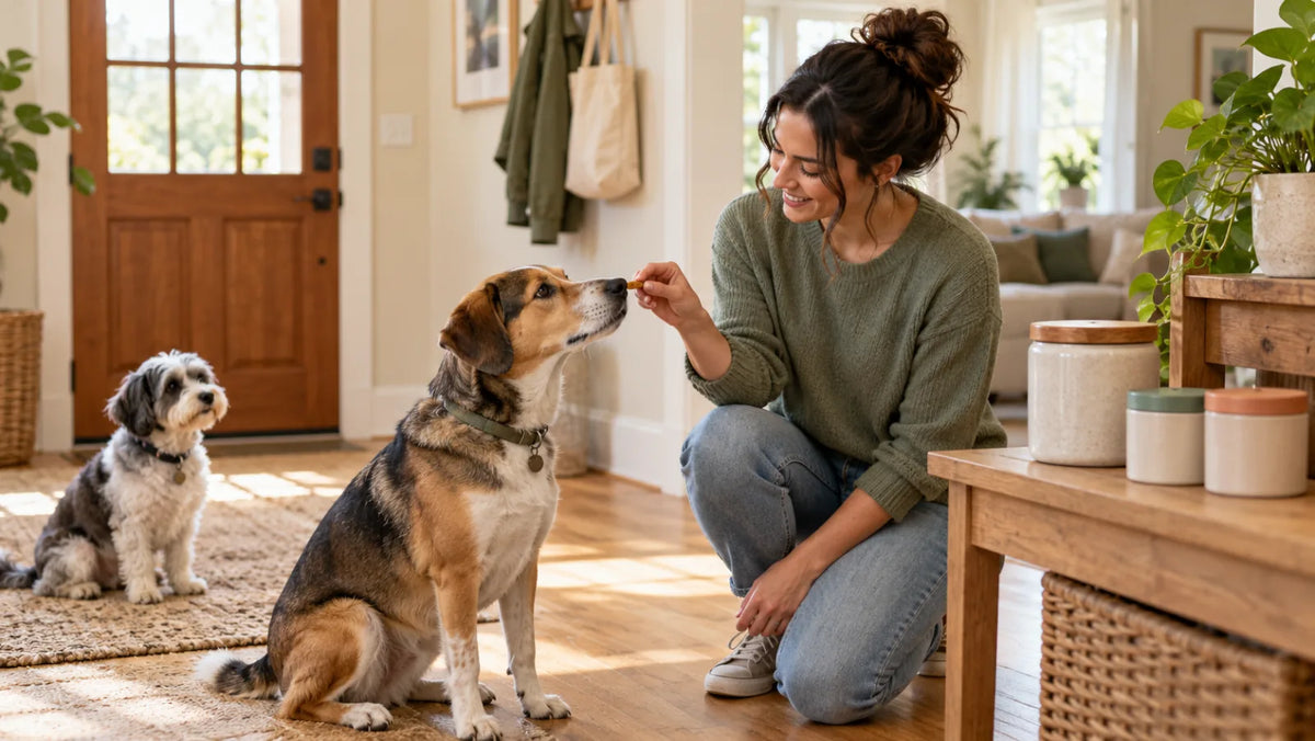 Pet sitter offering an approved treat to one dog in a home-boarding setting