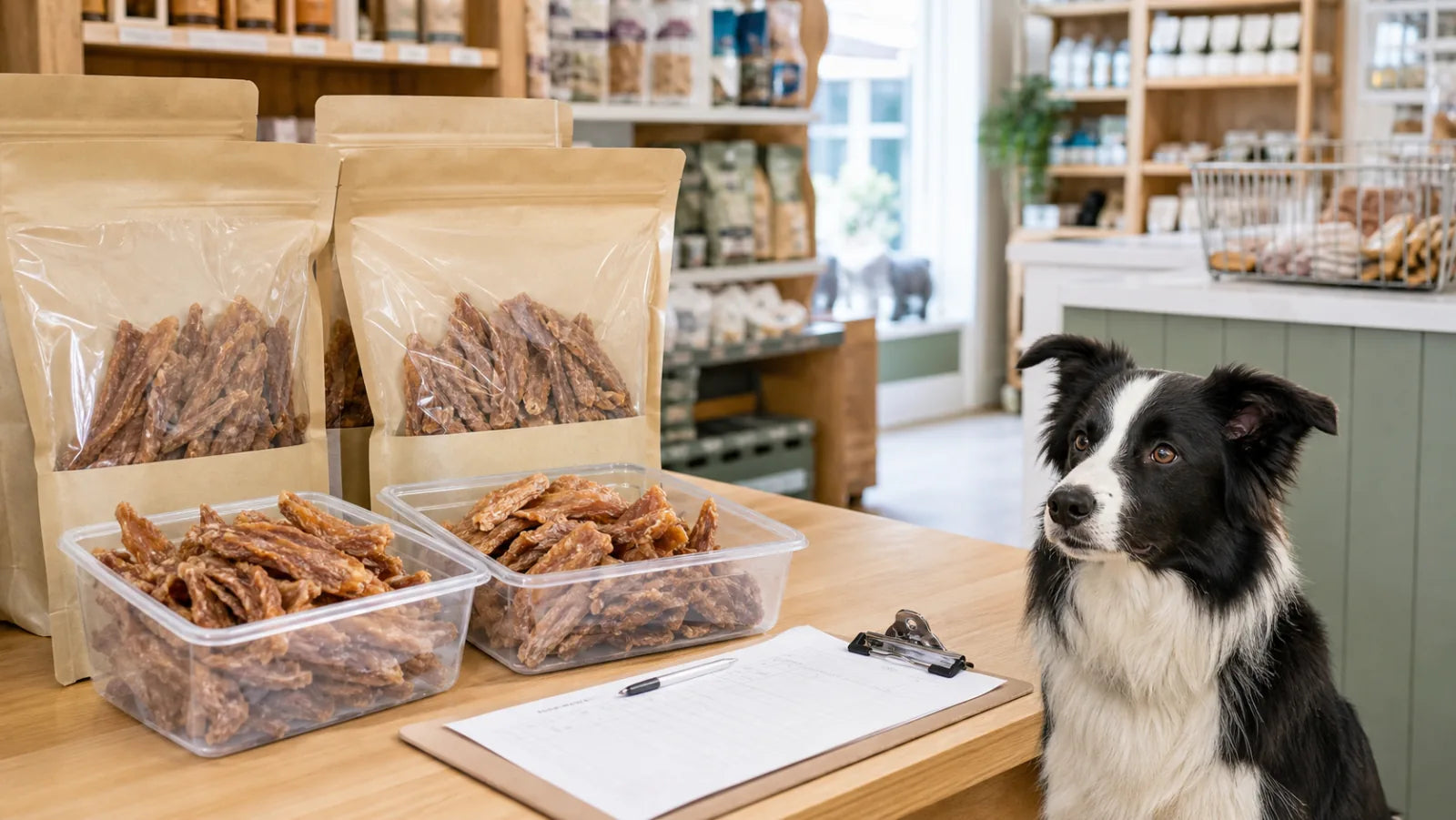 Border collie beside bulk dog treat bags at a pet store counter