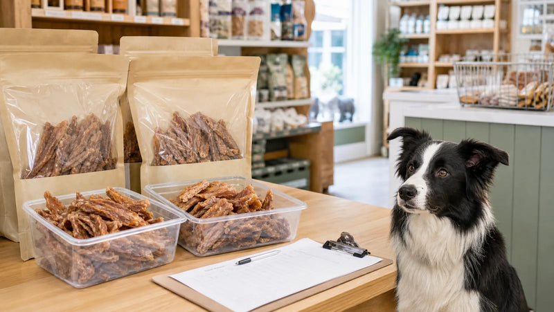 Border collie beside bulk dog treat bags at a pet store counter