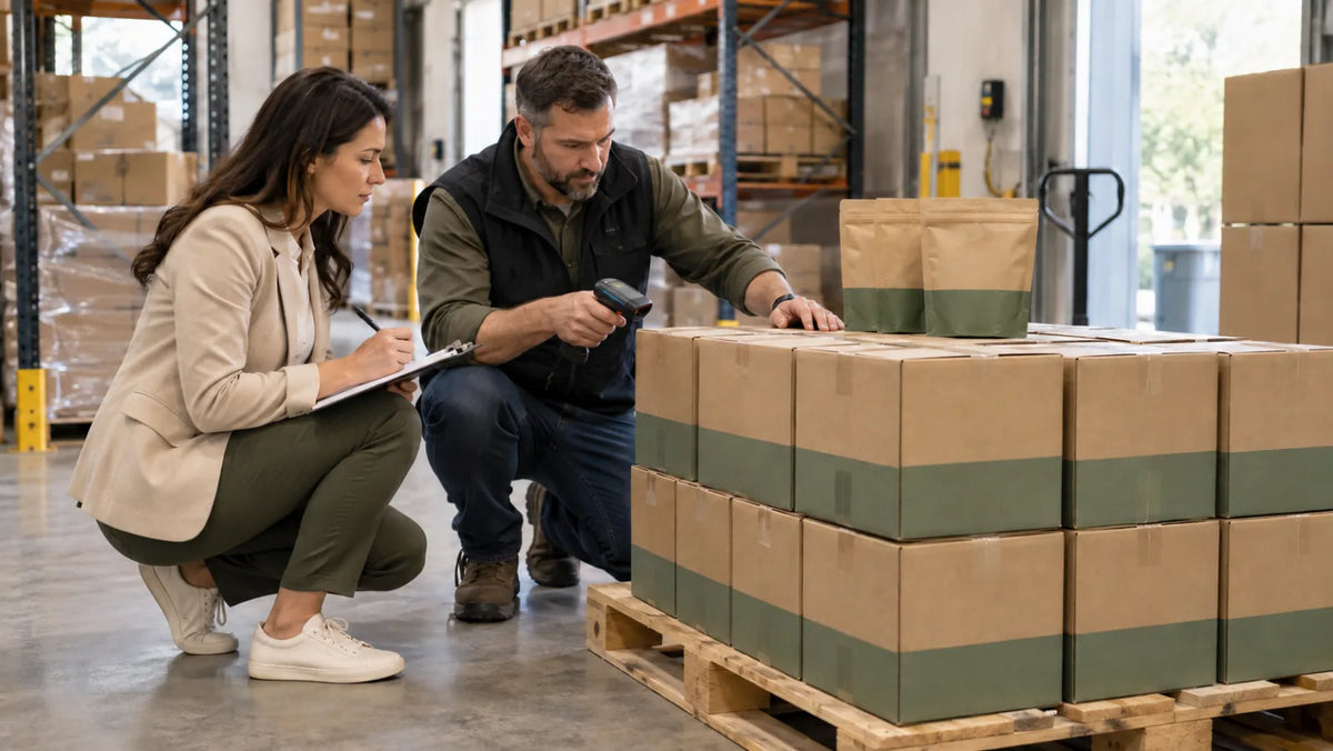 Pet-supply distributor team inspecting sealed dog-treat cases on a warehouse pallet