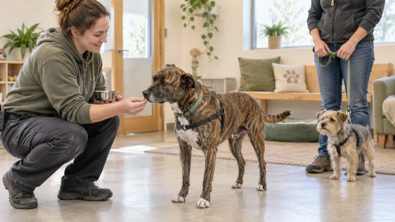 Shelter worker rewarding a brindle mixed-breed dog with a small treat