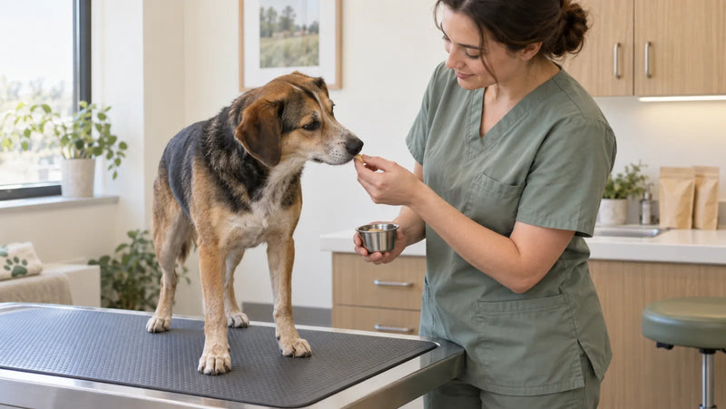 Veterinary professional offering a tiny dog treat to a calm dog on an exam table