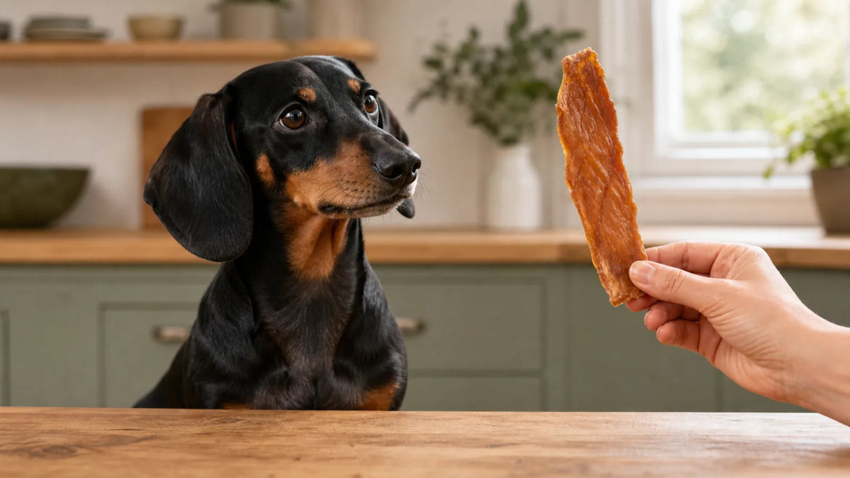 Black-and-tan dachshund watching a whole-cut chicken jerky strip