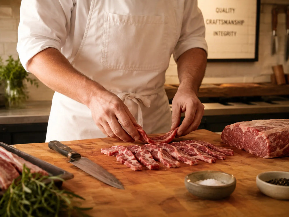 A chef carefully slicing meat at a butcher block workstation in southern California