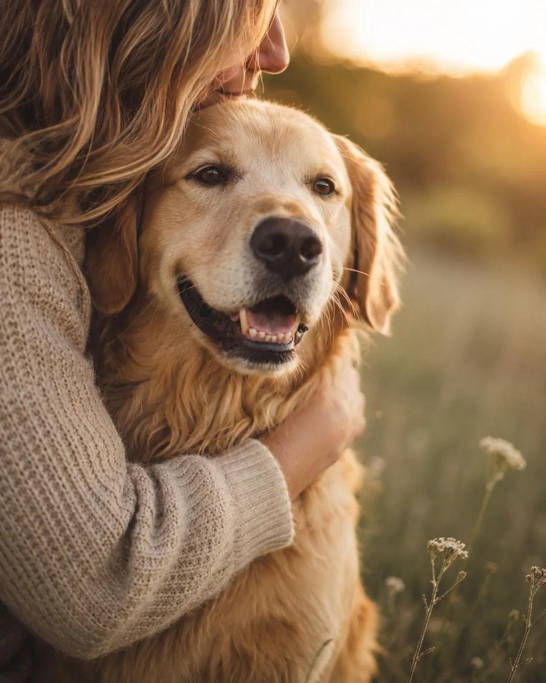 A person hugging a happy golden retriever in a sunlit meadow at golden hour