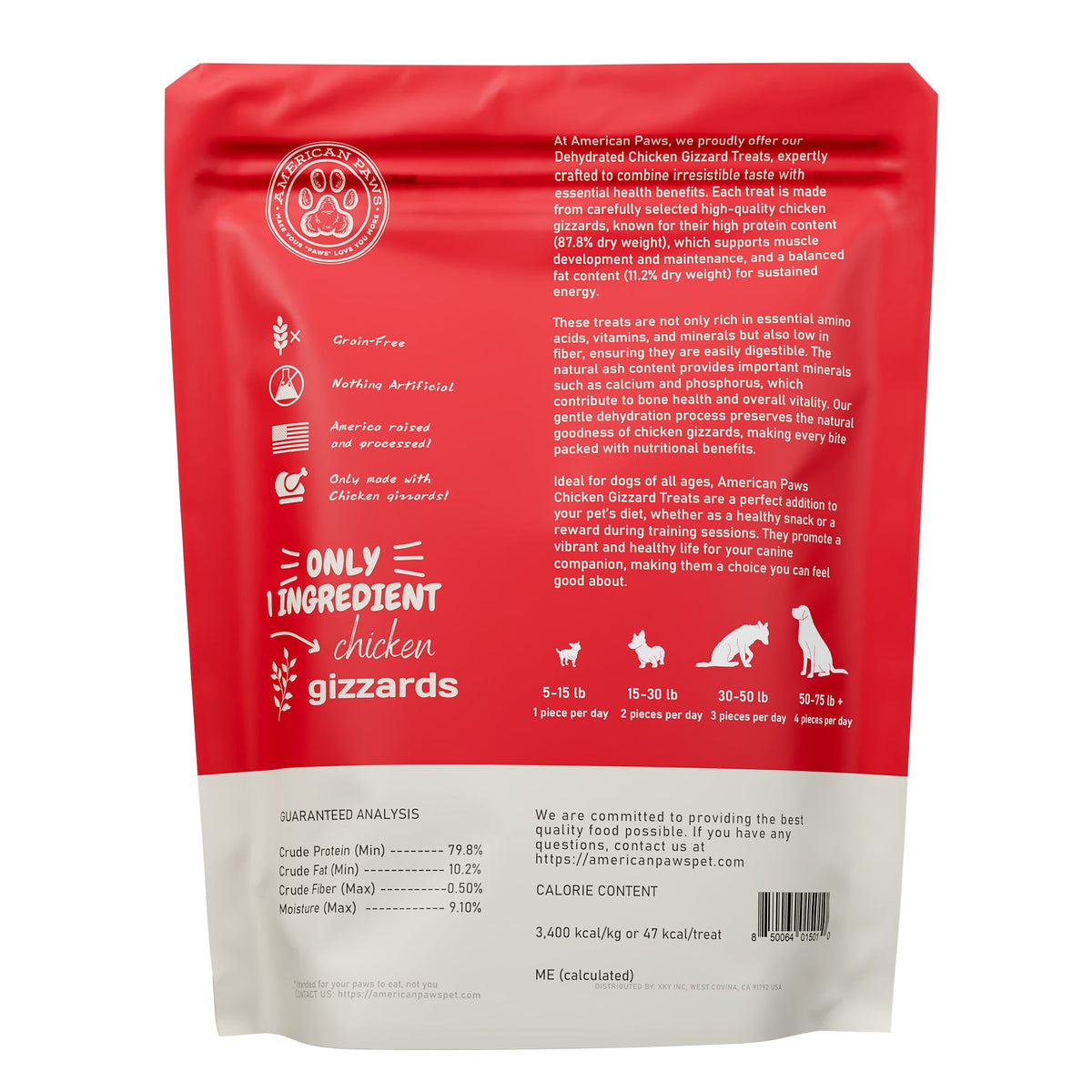 American Paws Chicken Gizzards Dog Treats 4 oz pouch — back