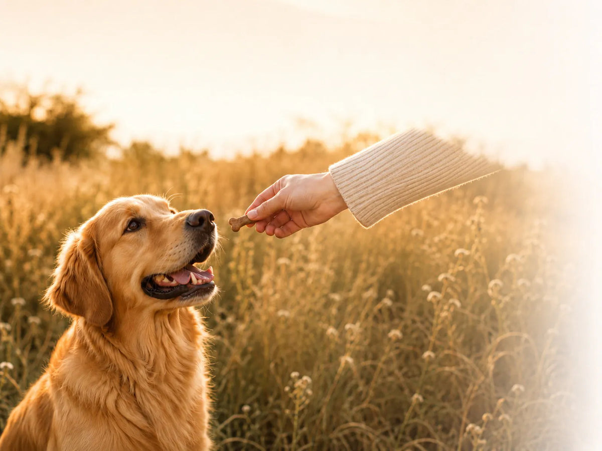 A golden retriever taking a treat from a hand in a sunlit golden-hour field