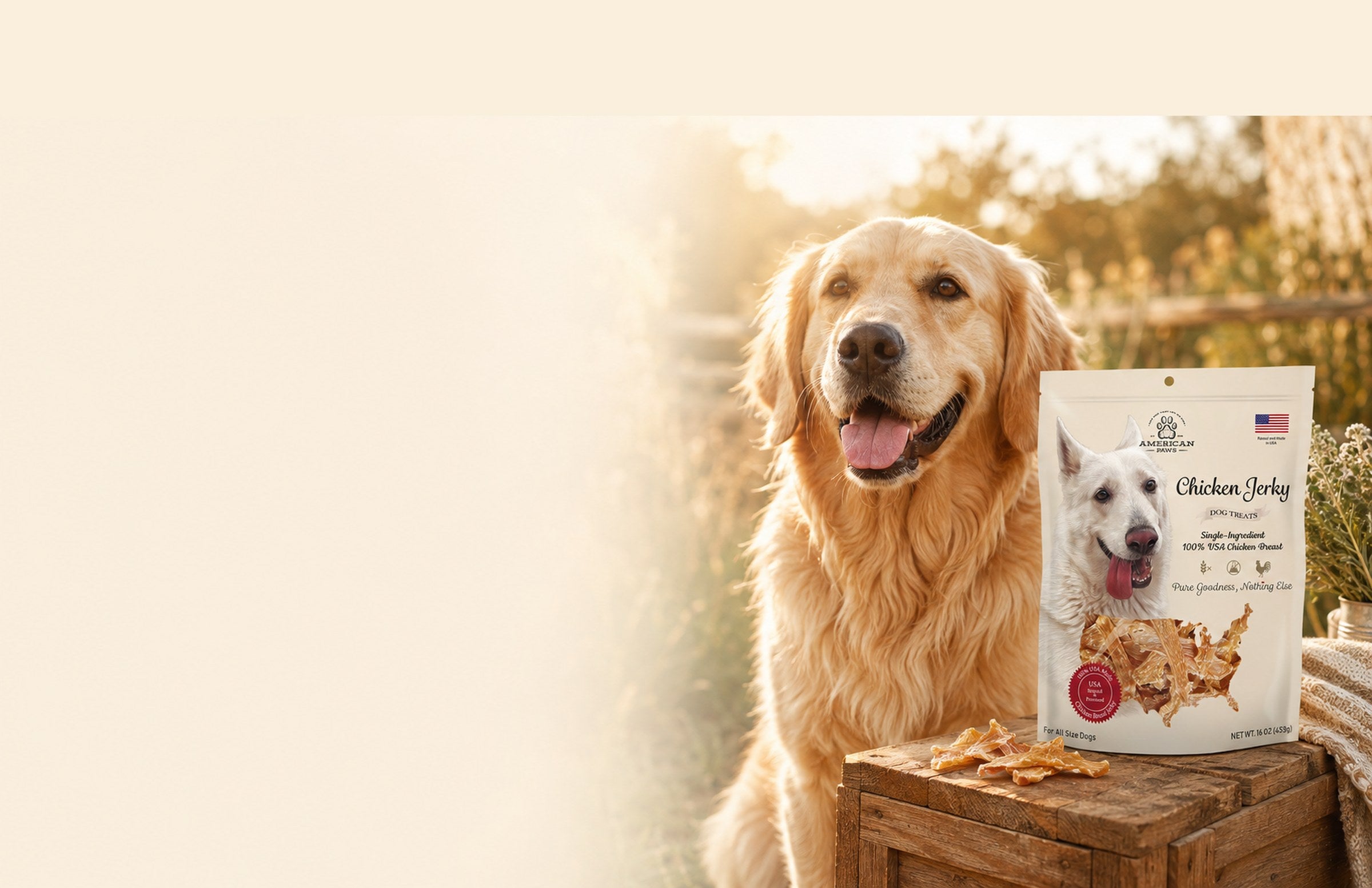 Golden retriever next to a Chicken Jerky bag — American Paws Journal hero