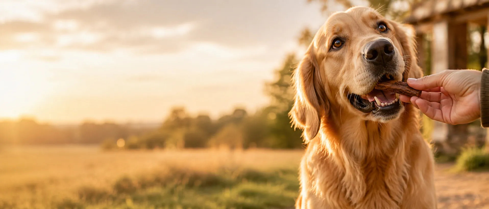 Golden retriever taking a treat from a hand in a sunlit meadow at golden hour