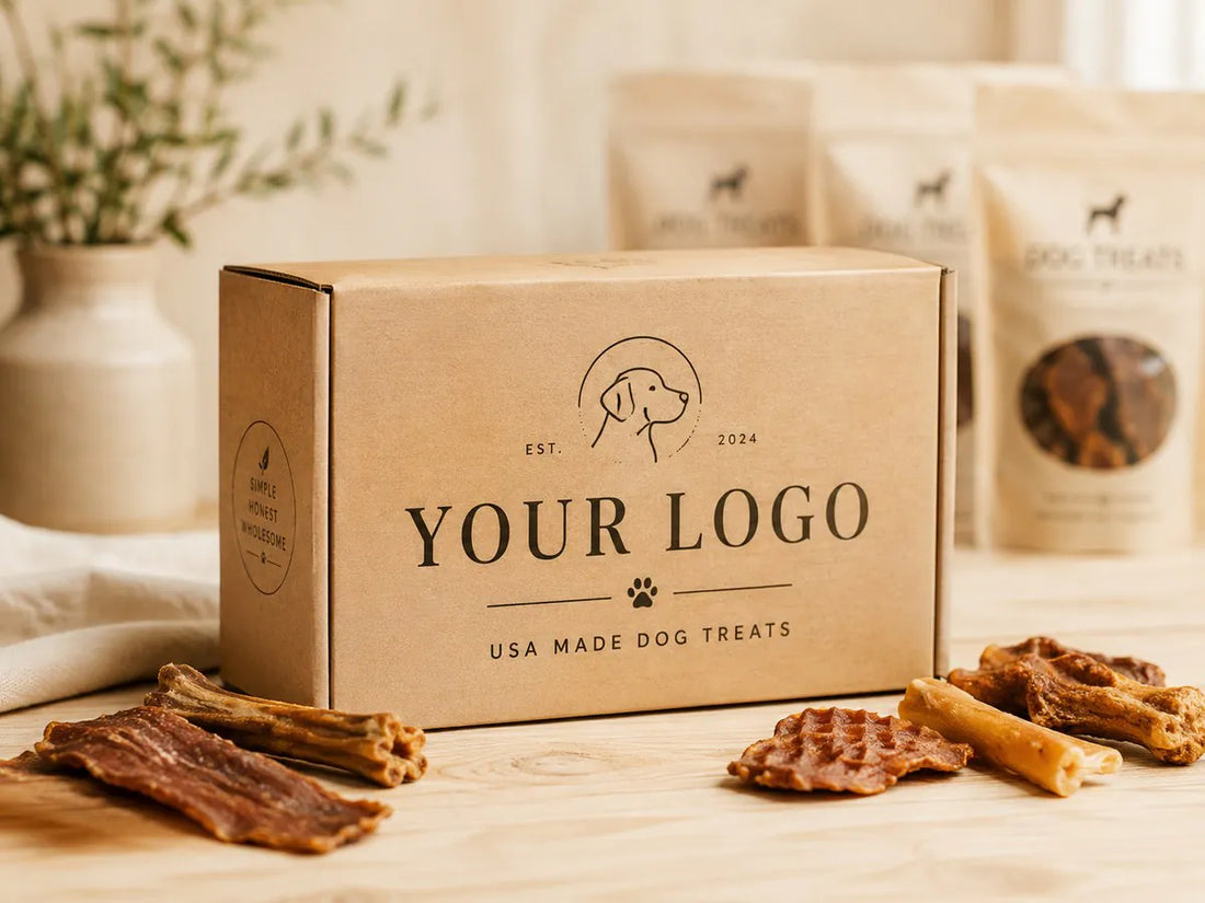 Custom kraft American Paws private-label dog treat box surrounded by jerky and chews
