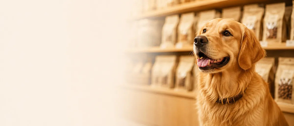 A happy golden retriever in a pet store with American Paws treats on shelves